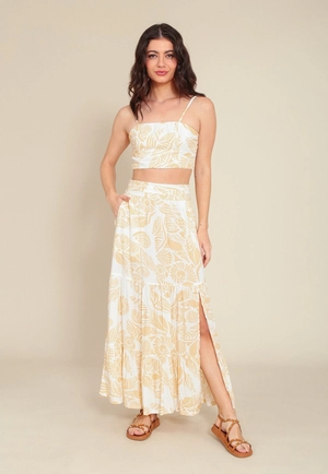 Saia Midi Em Viscose Recortes Fenda Bolso Estampa Conchas
