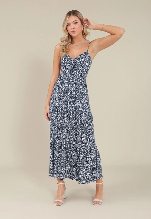 Vestido New Midi  Alça E Franzido Em Malha Estampa Liberty