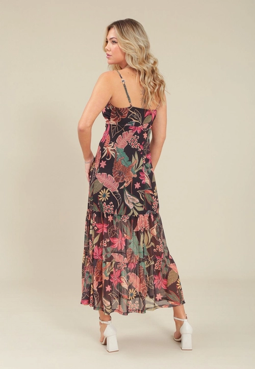 Vestido Em Tule Estampado Com Alça E  Busto Torcido
