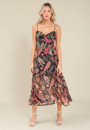 Vestido Em Tule Estampado Com Alça E  Busto Torcido
