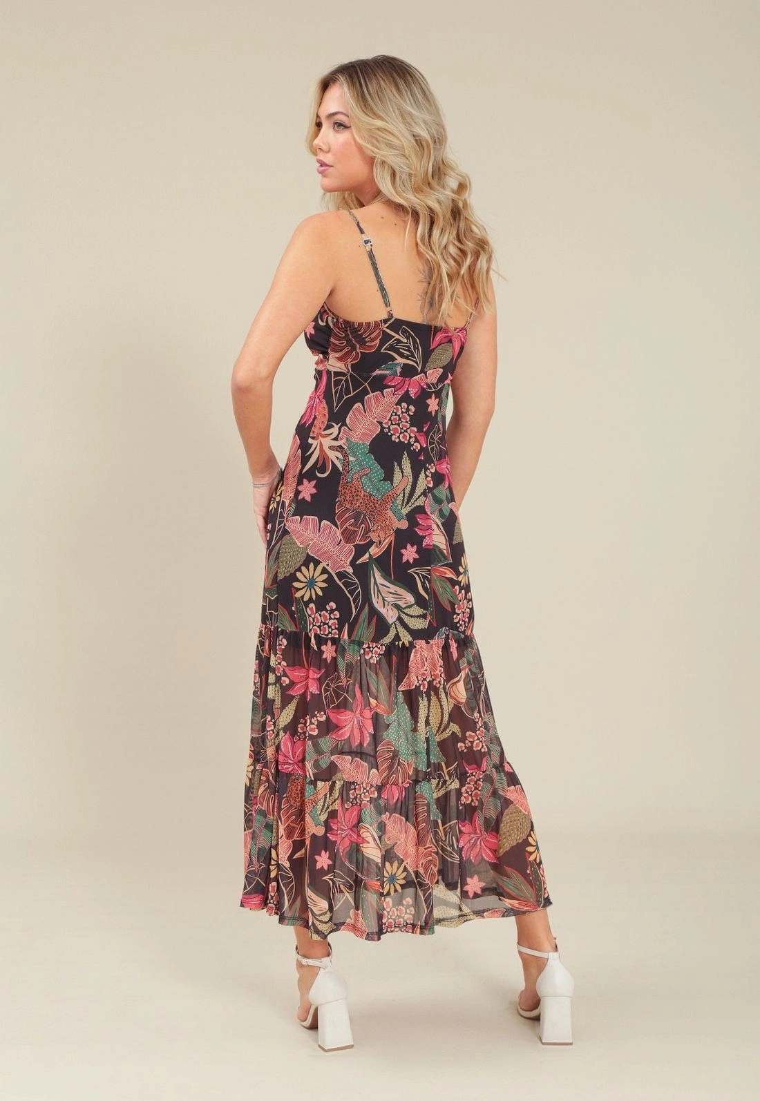 Vestido Em Tule Estampado Com Alça E  Busto Torcido