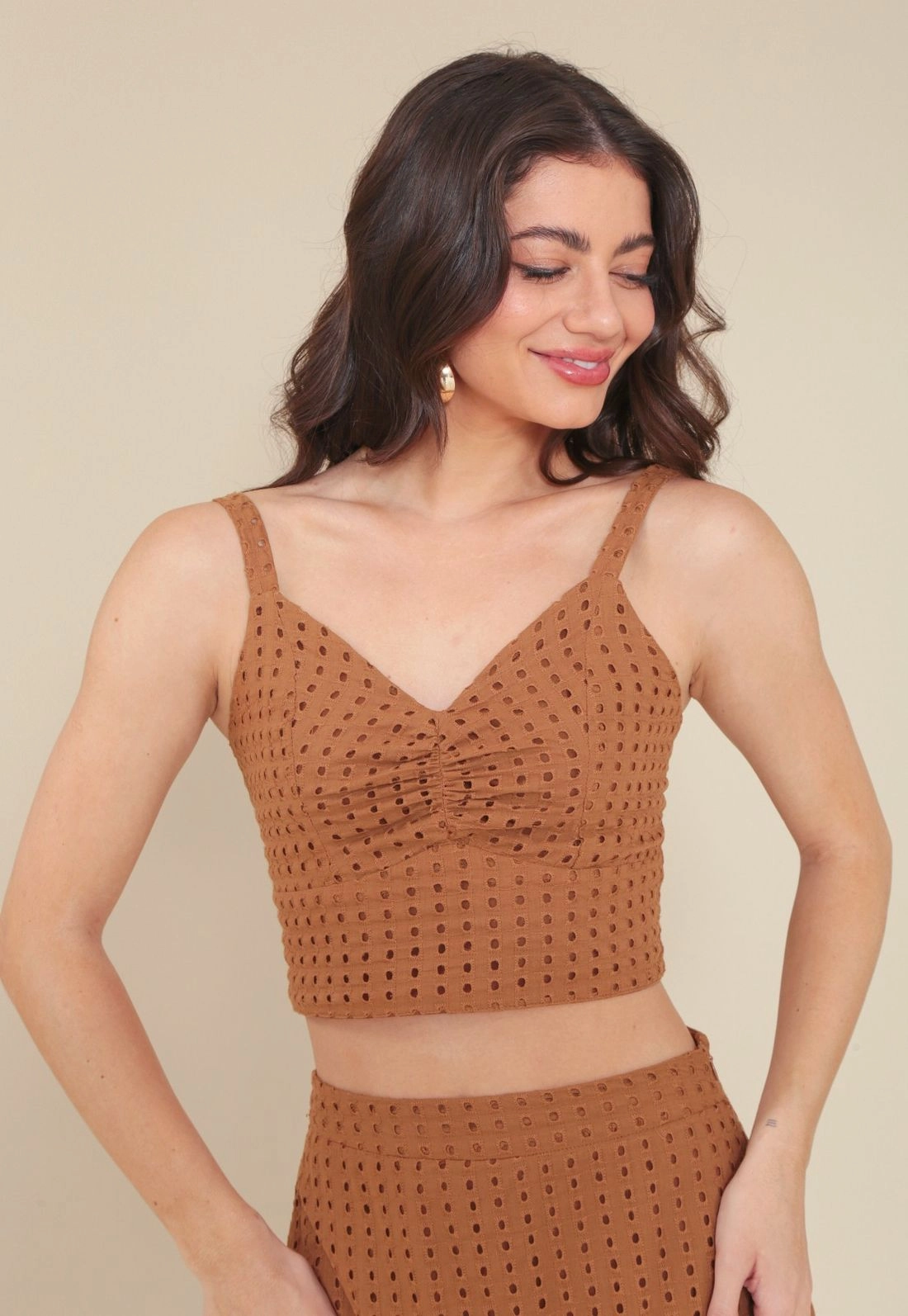 Blusa Cropped Em Laise Alça Com Franzido No Busto