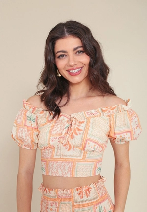 Cropped Viscose Lurex Manga Curta Com Franzido Estampa Oásis