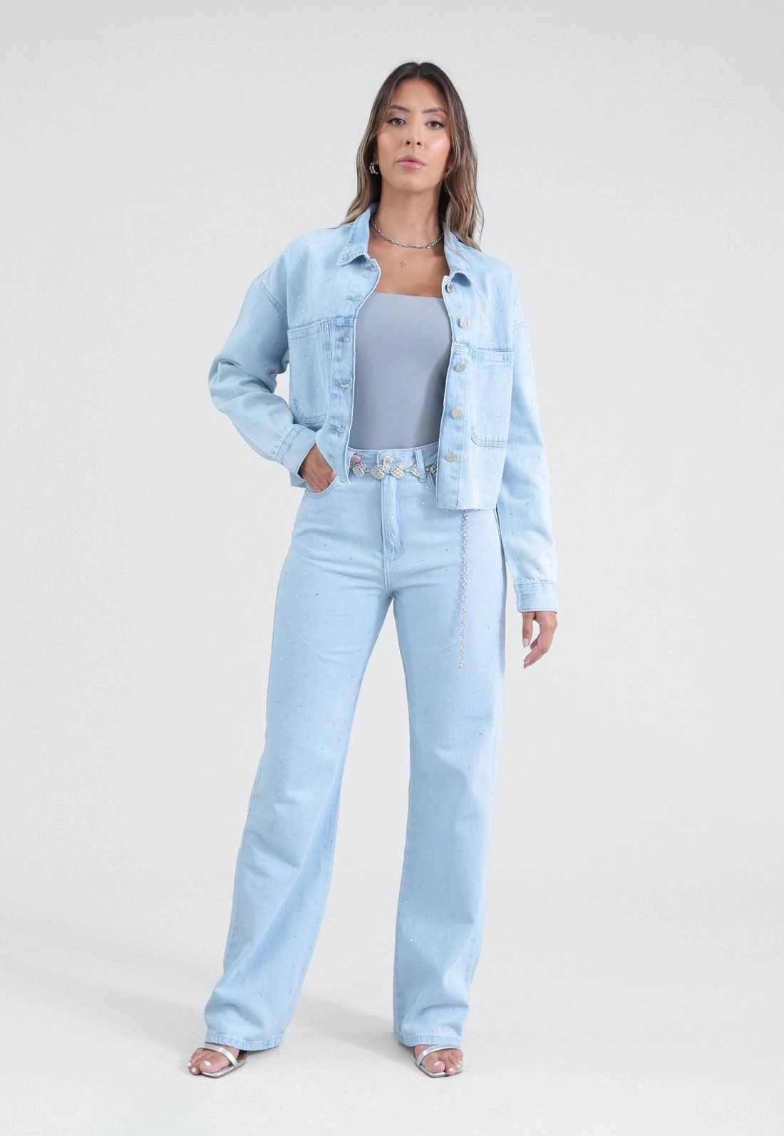 Jaqueta Jeans Com Strass Azul Claro