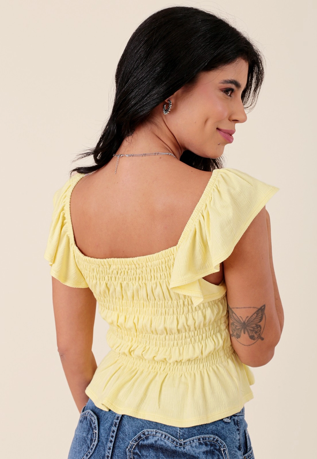Blusa Em Malha Texturizada Com Lastex Manga Babados