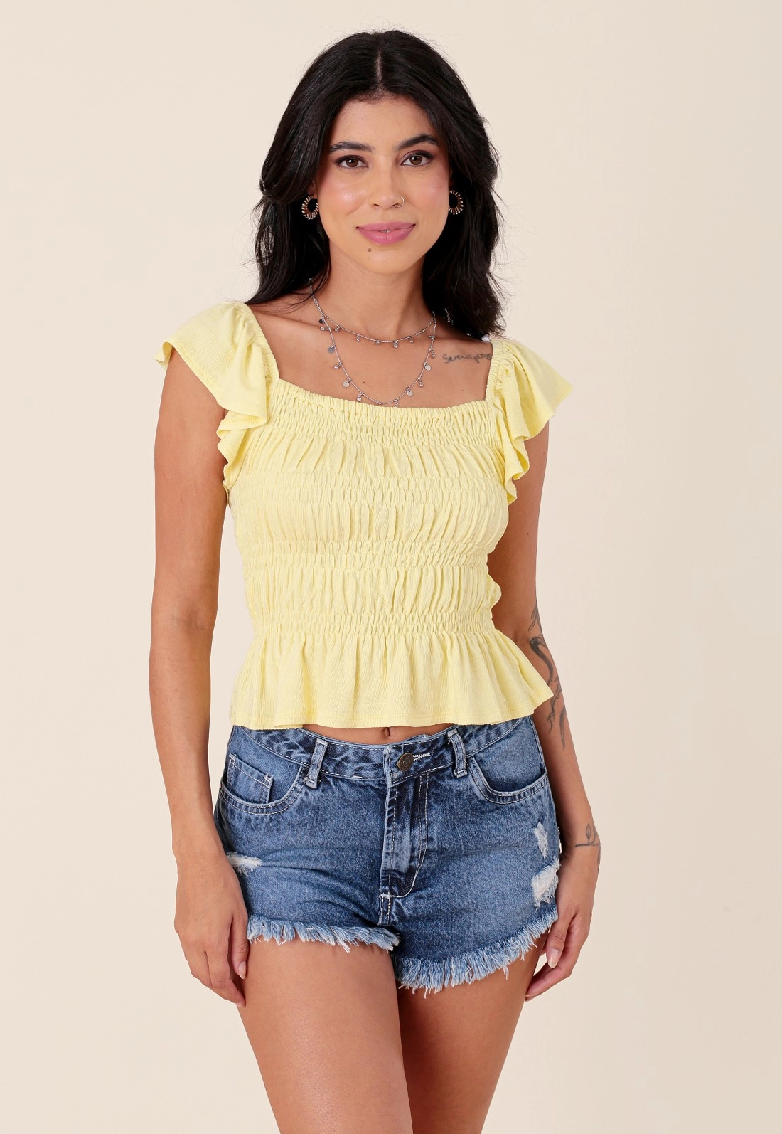 Blusa Em Malha Texturizada Com Lastex Manga Babados