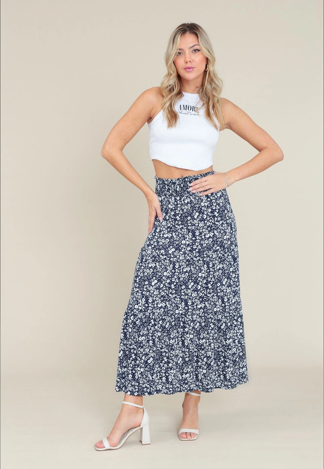 Saia Midi Malha Cós Com Elastex Estampa Floral Marinho