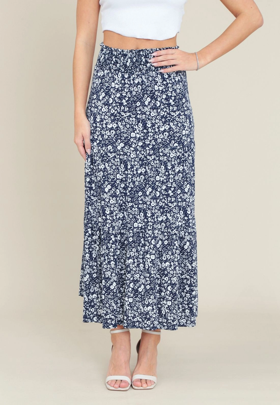 Saia Midi Malha Cós Com Elastex Estampa Floral Marinho