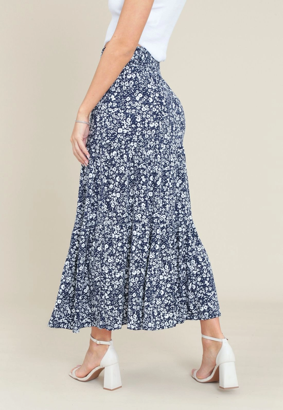 Saia Midi Malha Cós Com Elastex Estampa Floral Marinho