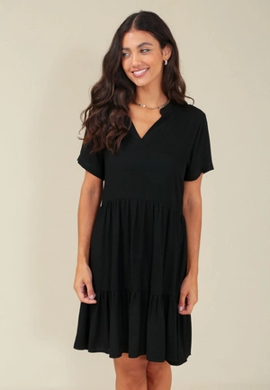 Vestido Curto Em Viscose Twill Com Gola Padre E Recortes
