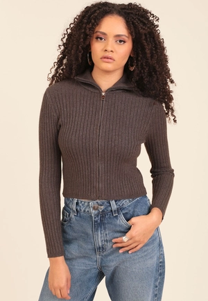 Blusa Tricô Canelado Gola Polo Zíper