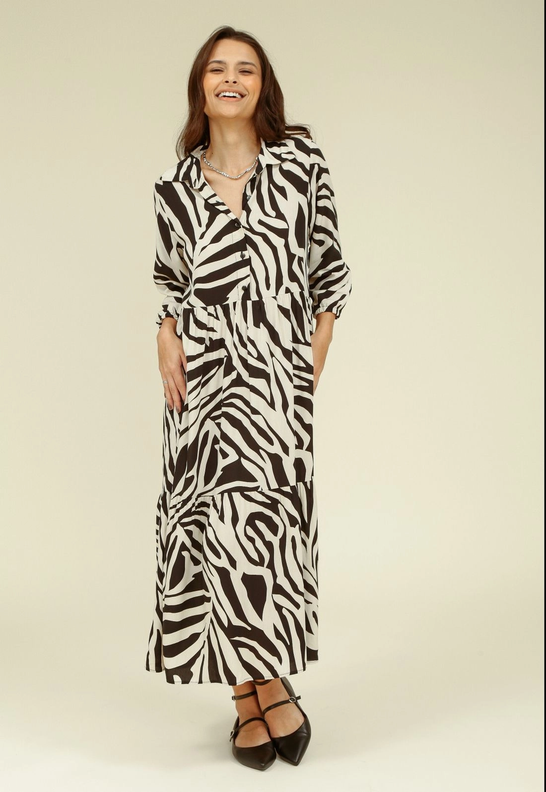 Chemise Midi Manga 3/4 Em Viscose Estampa Zebra