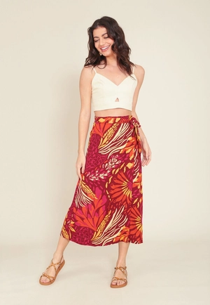 Saia Envelope Midi Em Viscose Com Transpasse E Faixa Estampa Flower Power