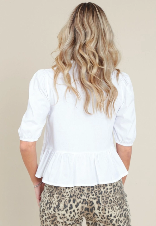 Blusa Em Tricoline Manga Curta Com Peplum E Laços