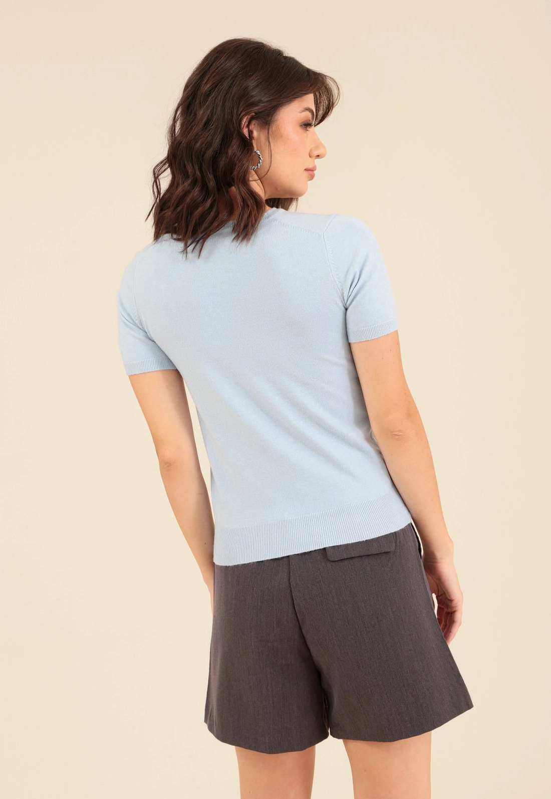 Blusa Tricô Manga Curta Decote Redondo