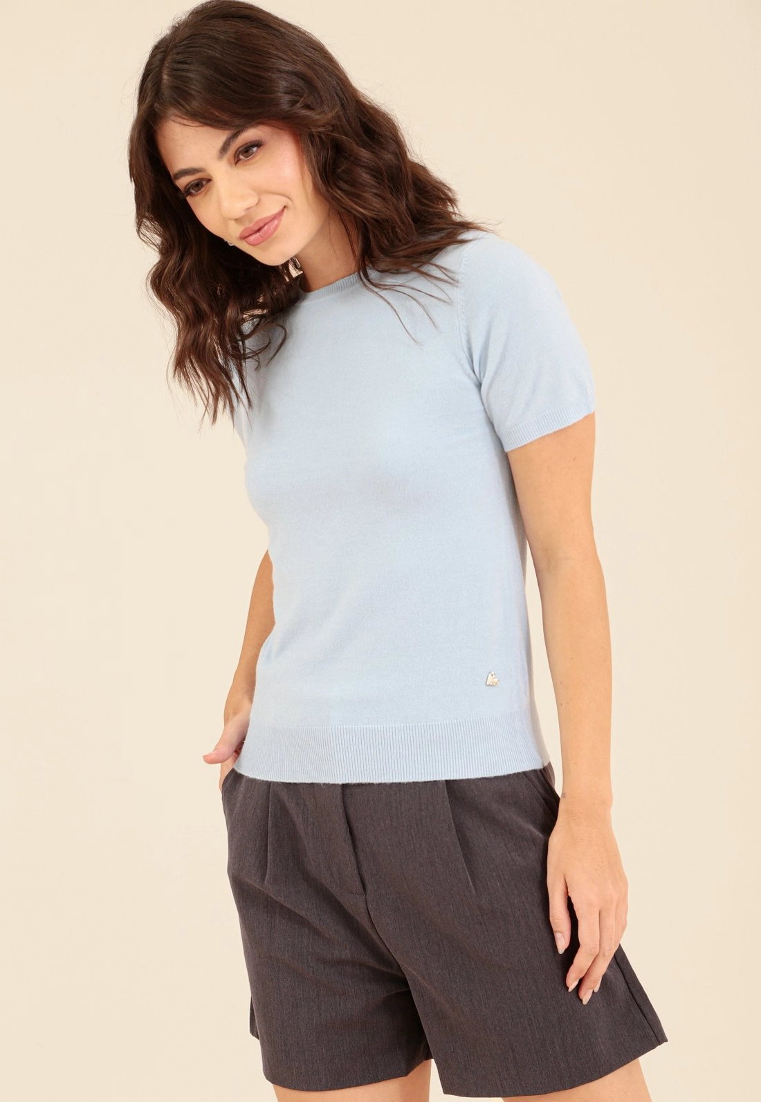 Blusa Tricô Manga Curta Decote Redondo