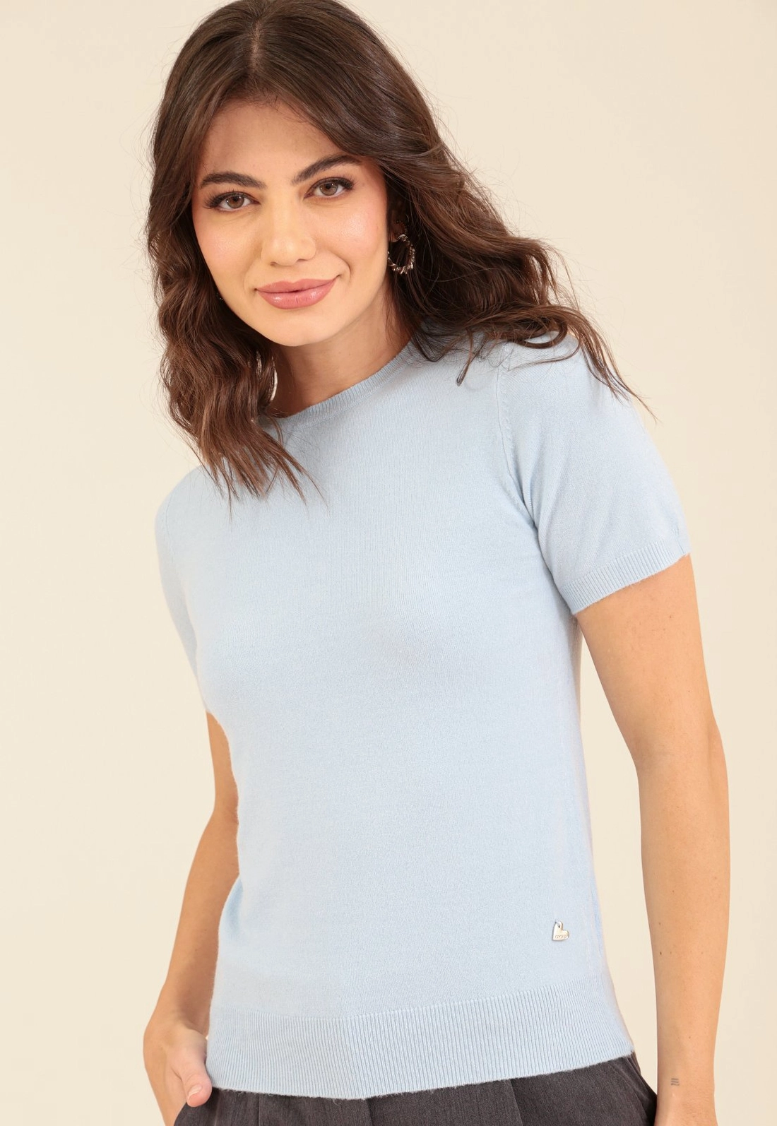 Blusa Tricô Manga Curta Decote Redondo