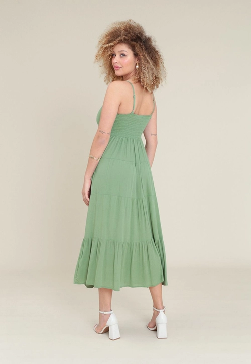Vestido Em Viscose Texturizada Midi Com Alça E Recortes