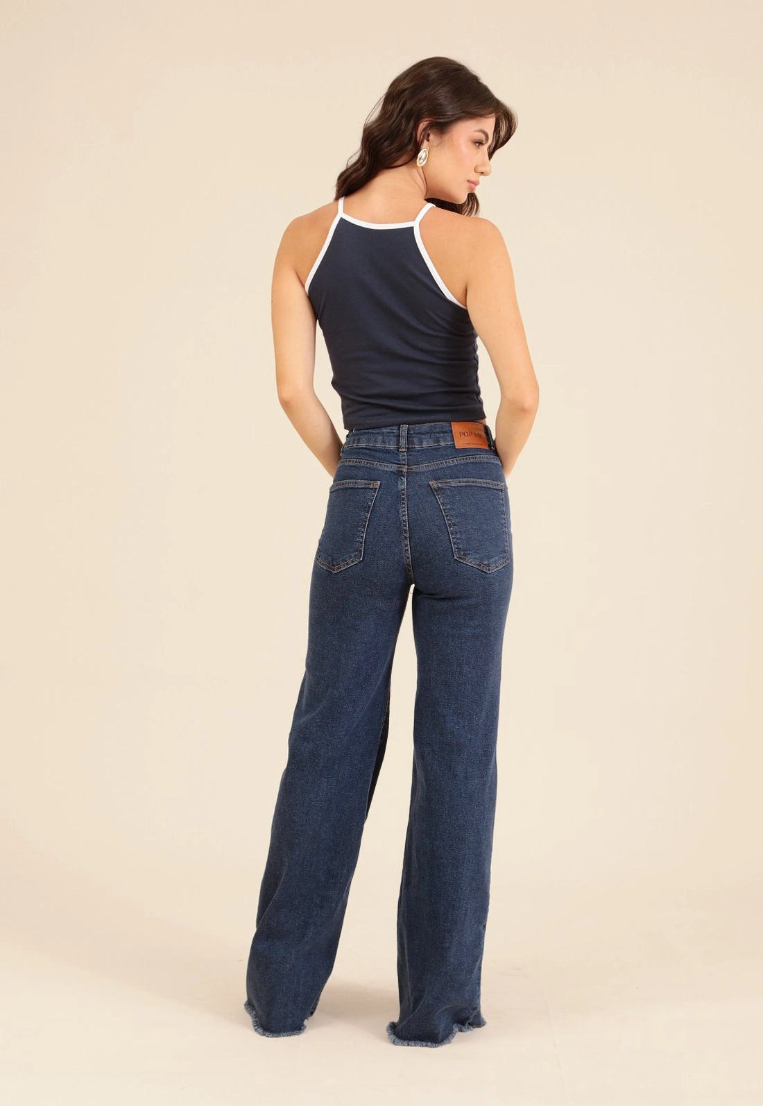Calça Jeans Wide Leg Com Elastano Azul Escuro