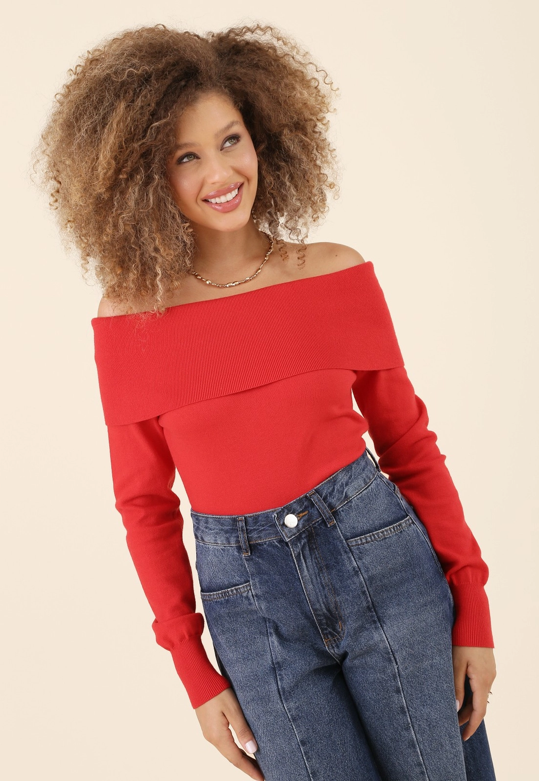 Blusa Tricô Manga Longa Ombro A Ombro