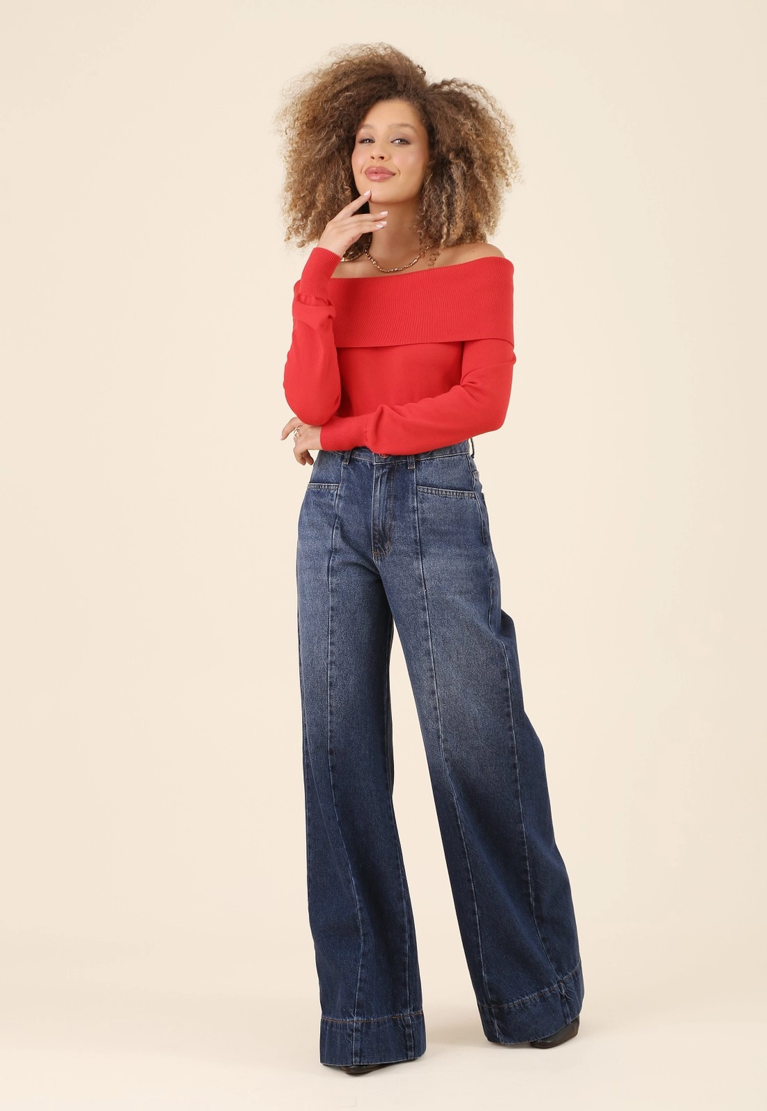 Blusa Tricô Manga Longa Ombro A Ombro
