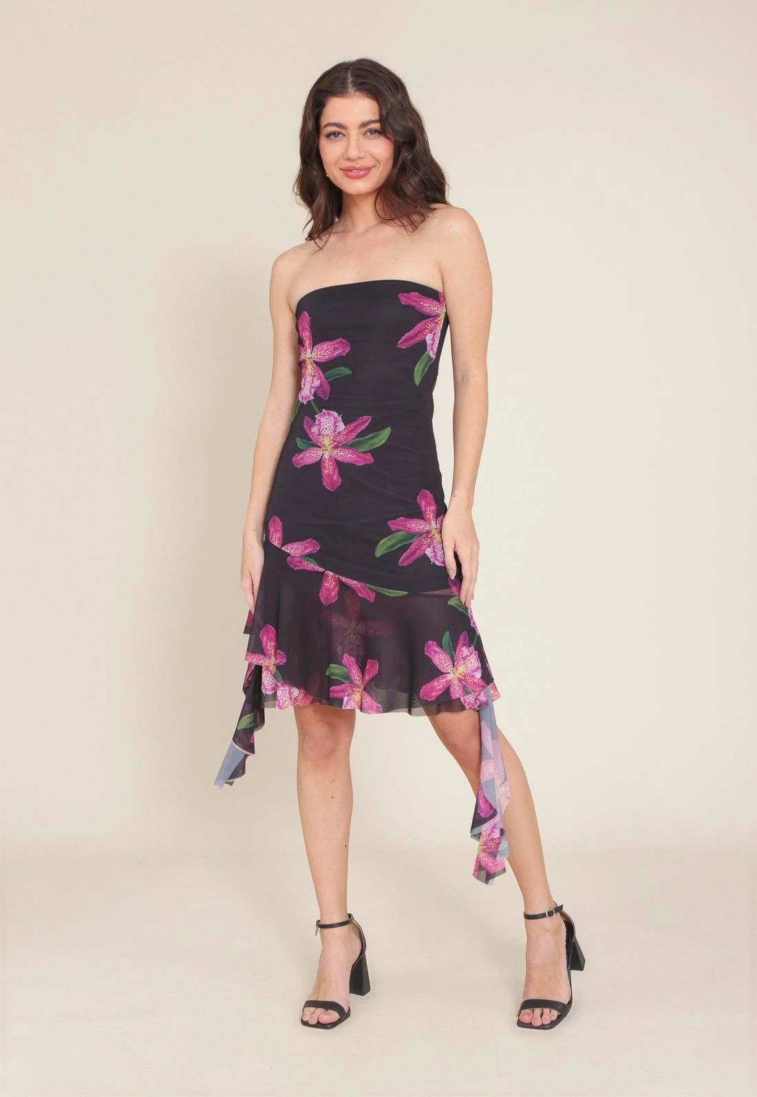 Vestido Tule Curto Estampa Com Babados
