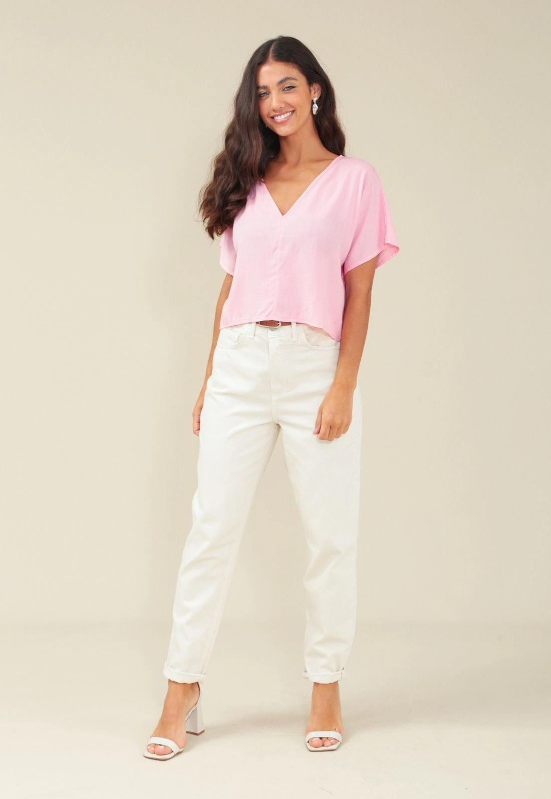Blusa Em Viscolinho Decote V E Manga Ampla