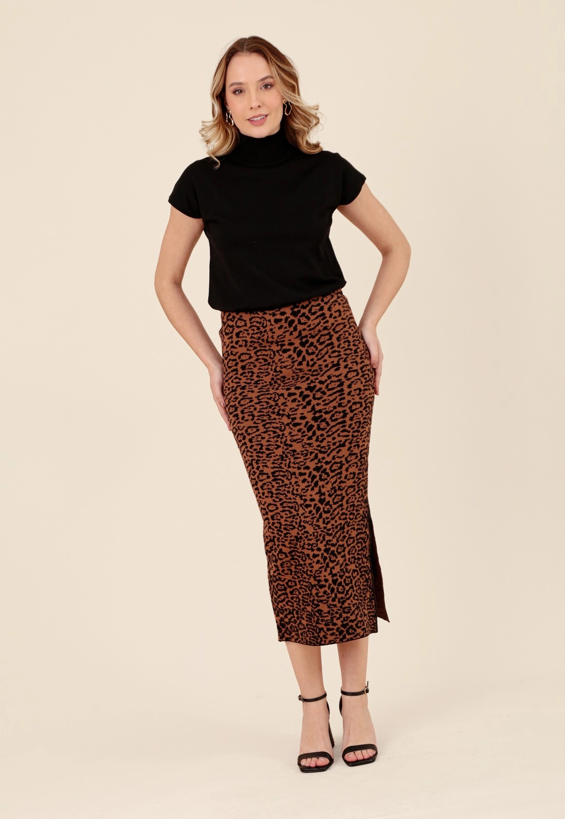Saia Midi Em Tricô Jaquard Animal Print