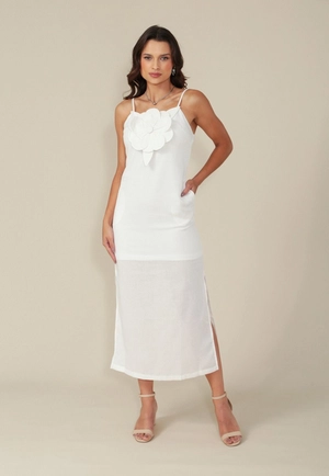 Vestido New Midi Alça Com Flor Aplicada Em Linho