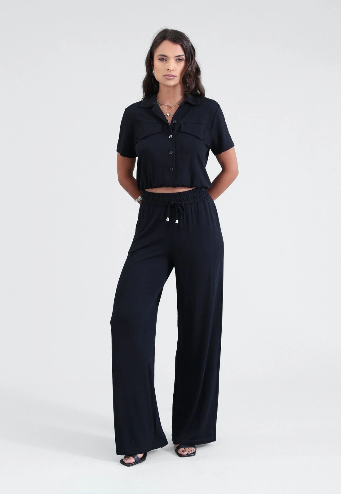 Calça Wide Leg Em Malha Texturizada Cós Com Elástico