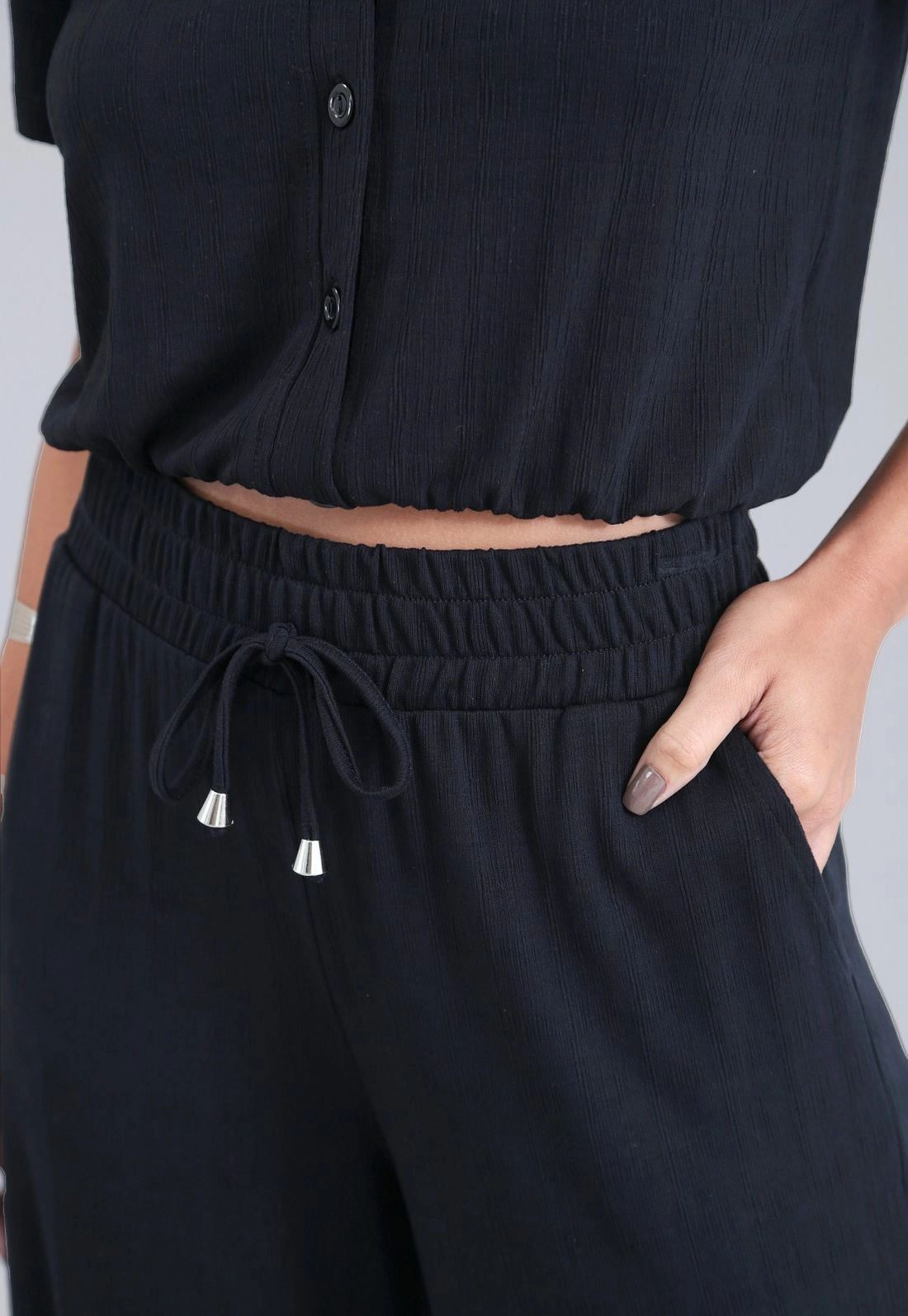 Calça Wide Leg Em Malha Texturizada Cós Com Elástico