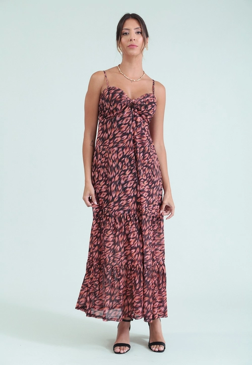 Vestido Em Tule Estampado Com Alça E Busto Torcido
