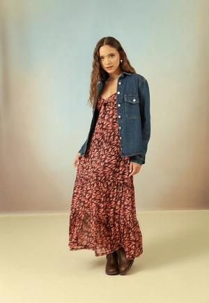 Vestido Em Tule Estampado Com Alça E Busto Torcido