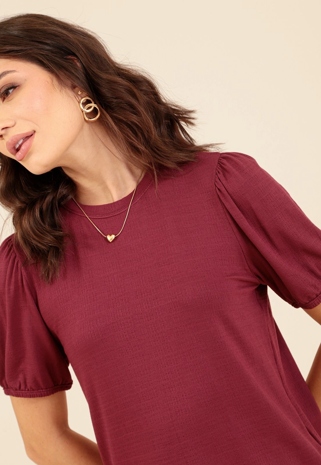 Blusa Manga Curta Bufante Em Malha Texturizada