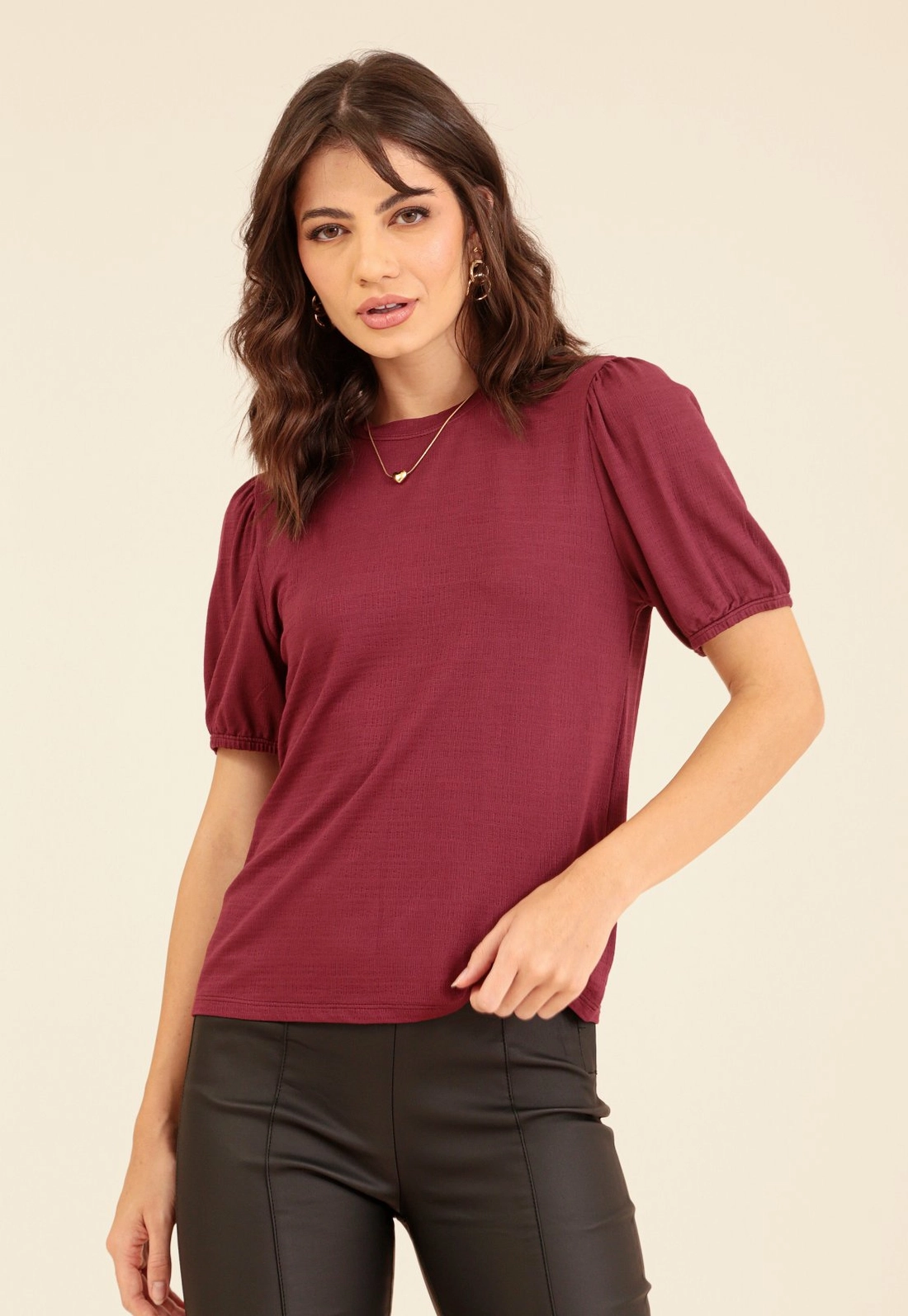 Blusa Manga Curta Bufante Em Malha Texturizada