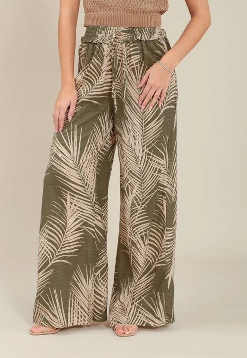 Calça Pantalona Em Viscose Com Lurex Estampa Folhagem