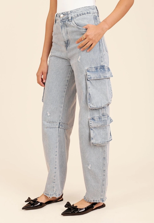 Calça Jeans Wide Leg Cargo