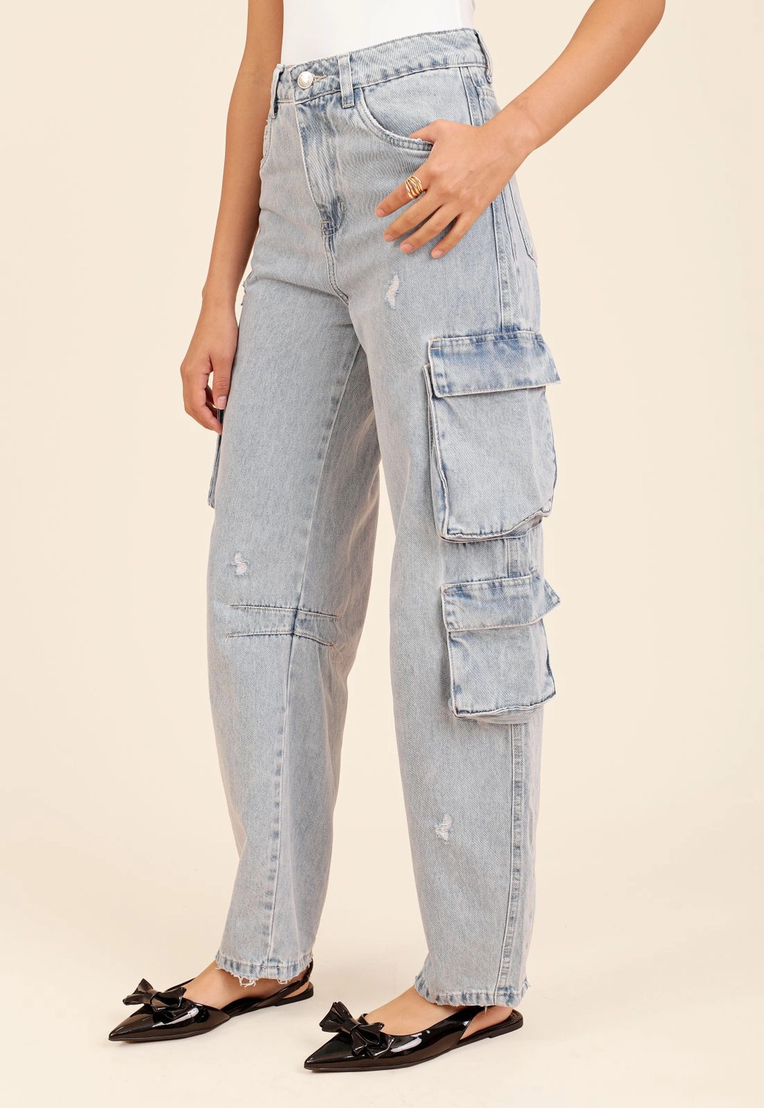 Calça Jeans Wide Leg Cargo