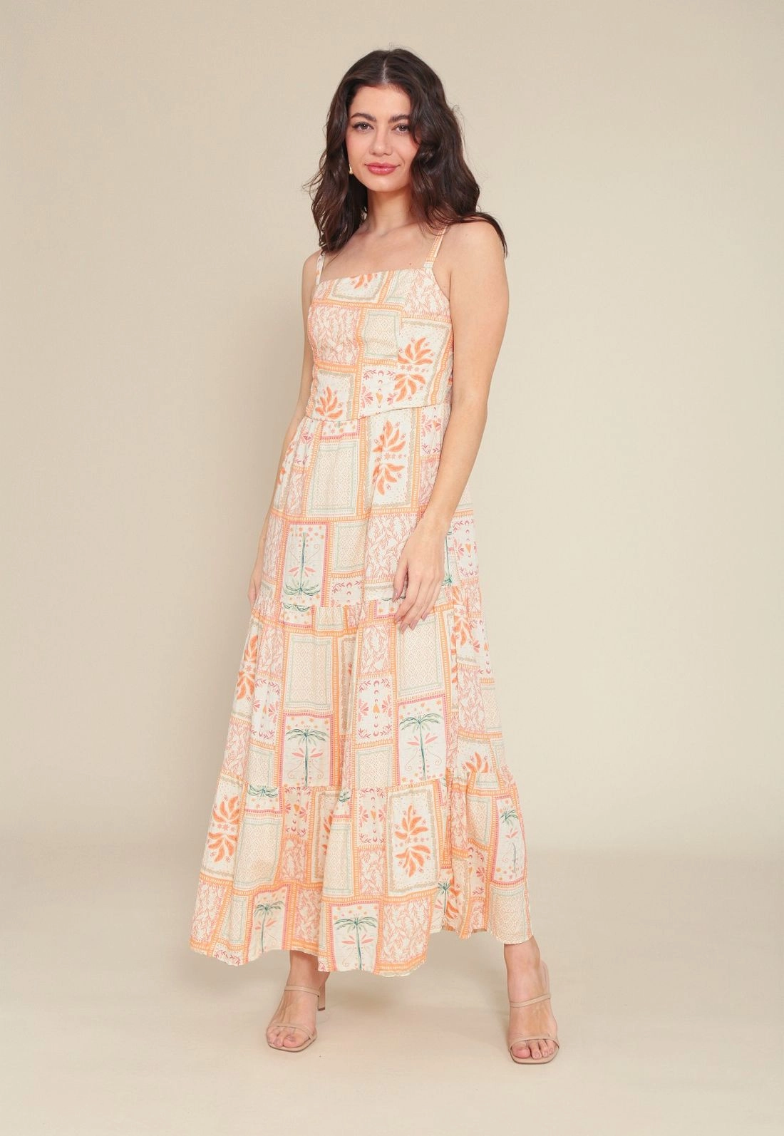 Vestido Midi Viscose Com Lurex Alça Estampa Oásis