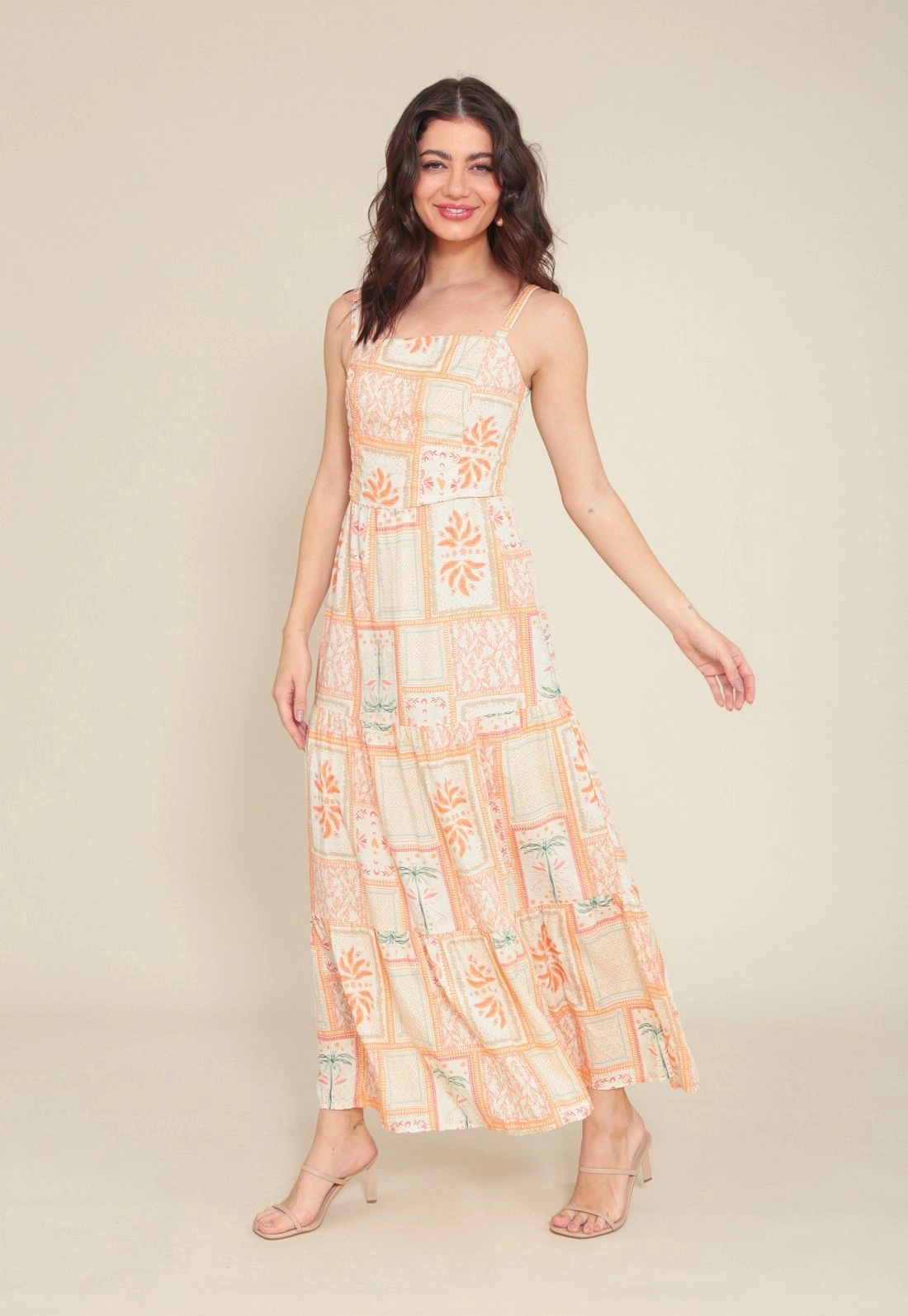 Vestido Midi Viscose Com Lurex Alça Estampa Oásis