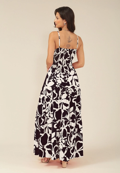 Vestido Longo Com Alça Em Viscose Estampada Bicolor