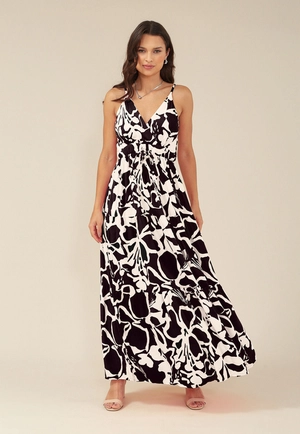 Vestido Longo Com Alça Em Viscose Estampada Bicolor
