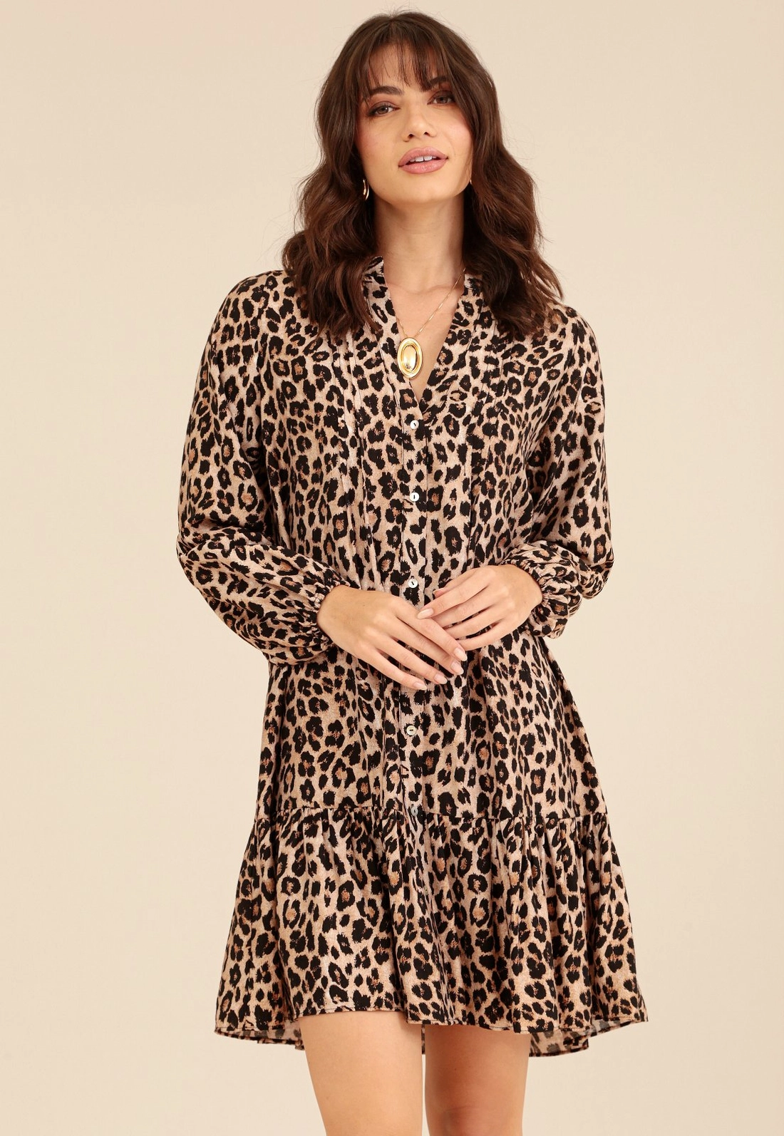 Vestido Curto Manga Longa Gola Padre Animal Print