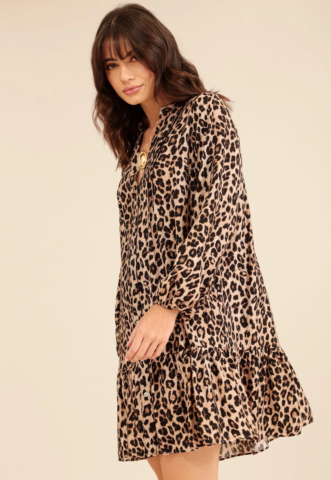 Vestido Curto Manga Longa Gola Padre Animal Print