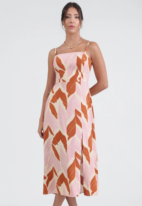 Vestido Midi Alça Viscose Com Estampa Natureza Terrosa