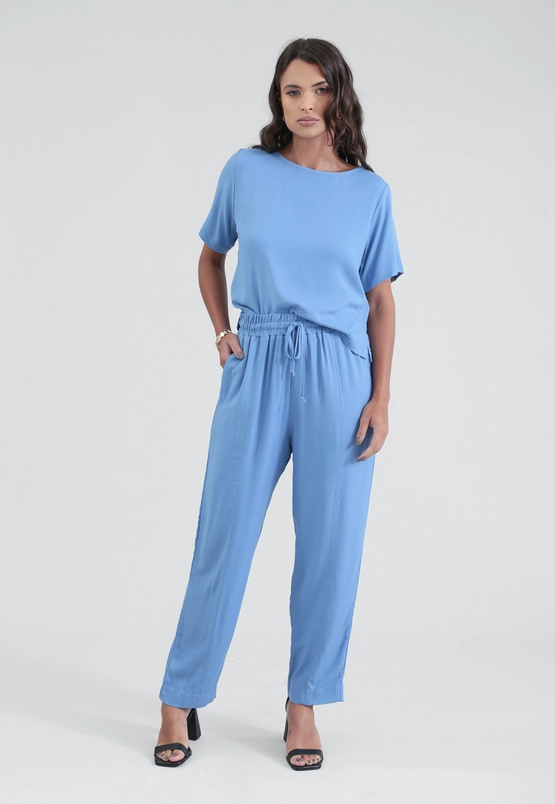 Calça Reta Cós Com Elástico Em Viscose Twill