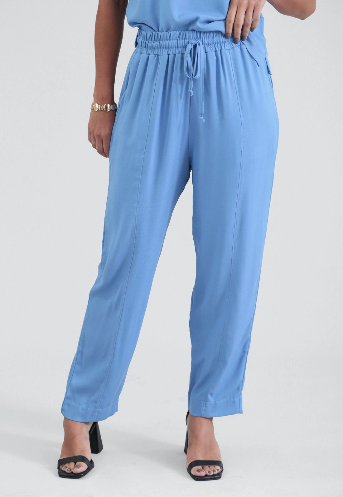 Calça Reta Cós Com Elástico Em Viscose Twill