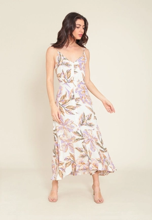 Vestido Midi Em Viscose Alça Com Botões Estampa Jardim Secreto