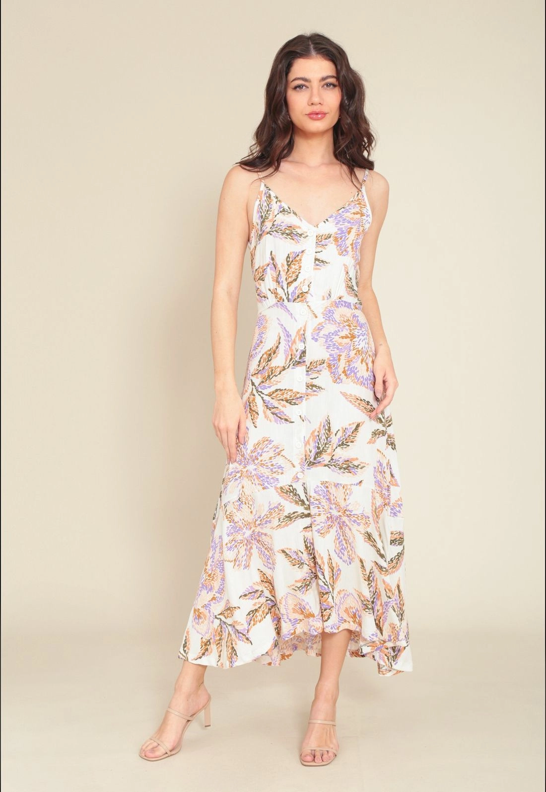 Vestido Midi Em Viscose Alça Com Botões Estampa Jardim Secreto