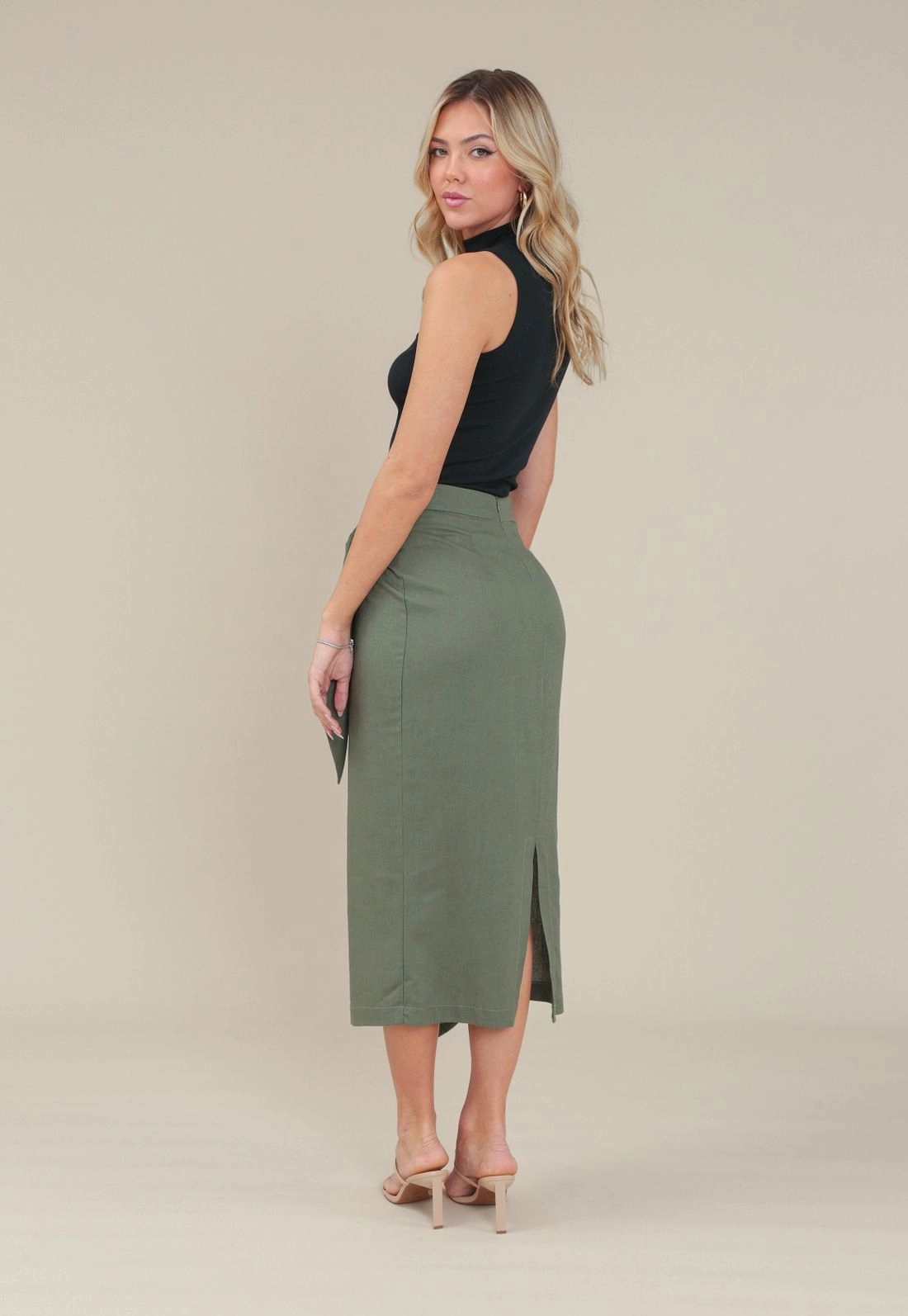 Saia Midi Em Linho Com Amarração Lateral